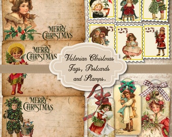 Vintage Victorian Christmas Stamps Tags Postcards Digital Images Scrapbooking Scrapbook Decoupage Cardmaking Junk Journal Cards Journaling