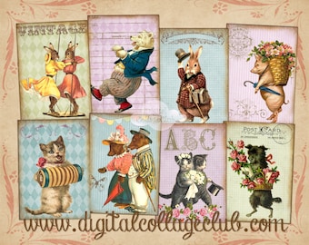 Whimsical Vintage Animals Digital Collage Sheet Images  Jewelry Holders Greeting ATC Cards Decoupage Scrapbooking Tags Journal Paper Crafts