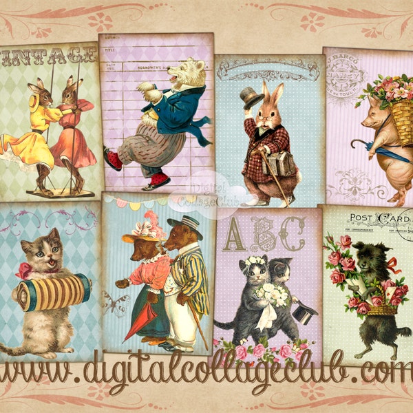 Whimsical Vintage Animals Digital Collage Sheet Images  Jewelry Holders Greeting ATC Cards Decoupage Scrapbooking Tags Journal Paper Crafts