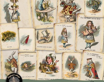 Conjunto de cartas de jogo digital vintage Alice no país das maravilhas Imagens para fazer cartas Scrapbooking Journaling Decoupage ATC Tea Party Mad Hatter
