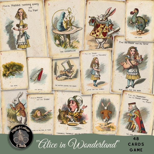 Vintage Alice in Wonderland Digital Playing Cards Game Set Images for Cardmaking Scrapbooking Journaling Decoupage ATC Tea Party Mad Hatter