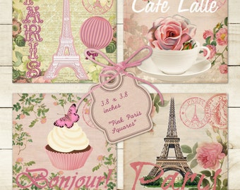 Paris in Pink 3,8x3,8 Zoll Digital Collage Sheet Printable Shabby Chic Bilder für Untersetzer Grußkarten Magnete Geschenkanhänger Journaling ATC