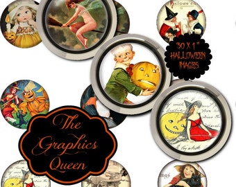 Imágenes digitales de tapas de botellas circulares de 2.5 cm (1 pulgada) con diseño vintage de Halloween. Ideales para imprimir, crear joyas, diarios y álbumes de recortes.