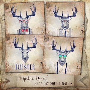 Hipster Deer Art 4 x 4 Imagens grandes para porta-copos, cartões comemorativos do dia dos pais, fundo digital, criação de cartões, decoupage, registro no diário
