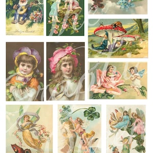 May include: A digital collage of vintage illustrations featuring fairies, butterflies, flowers, and children. The images are in a variety of styles and colours, and they are all set against a white background.