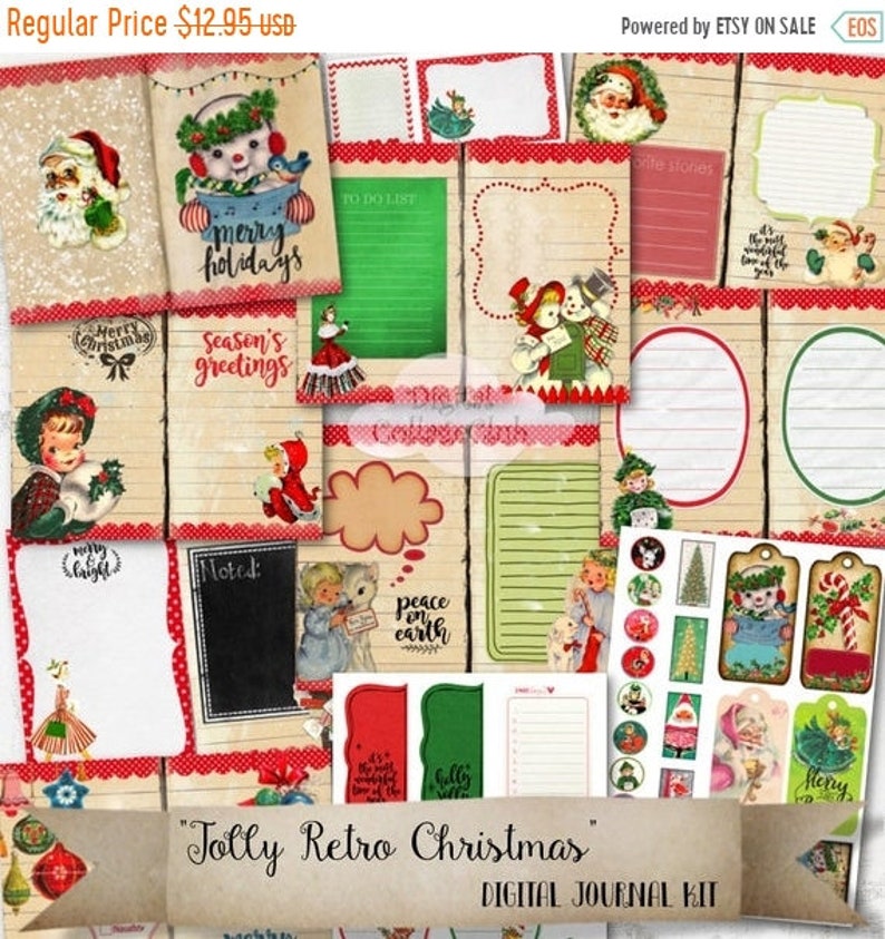 80/% Off Christmas Sale Vintage Retro Christmas Digital Journal Kit Embellishments Images for Scrapbooking Journaling Card Making Decoupage T