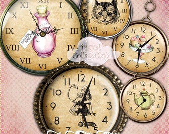 Alice in Wonderland Tea Time Watch 2.5 inch Round Digital Images for Scrapbooking Jewellery Making Cardmaking Pendants ATC