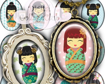 Kokeshi Japanese Dolls 18 x 25 mm Oval Images for Pendants Digital Collage Sheet Instant Download Paper Craft Scrapbooking