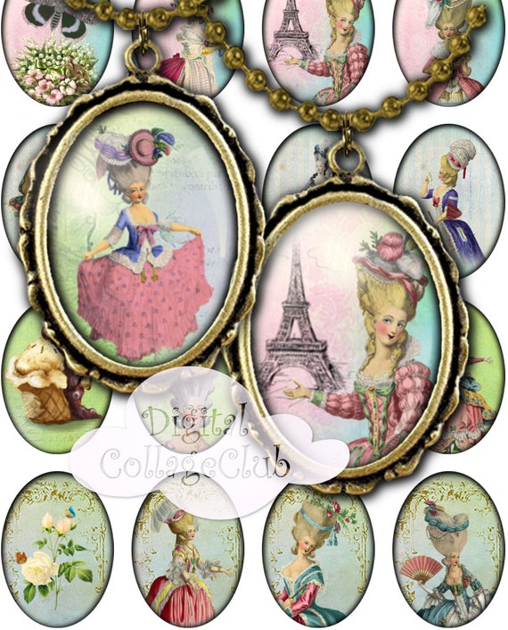 French Shabby Chic Marie Antoinette 18 x 25 mm Oval Cabochon Digital Images for Jewelry Decoupage ATC Digital Collage Sheet Journaling Scrap