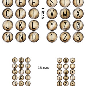 May include: A set of 26 alphabet letter and number round stickers with a vintage typewriter key design. The stickers are 2.5 cm in diameter and have a brown background with black lettering.