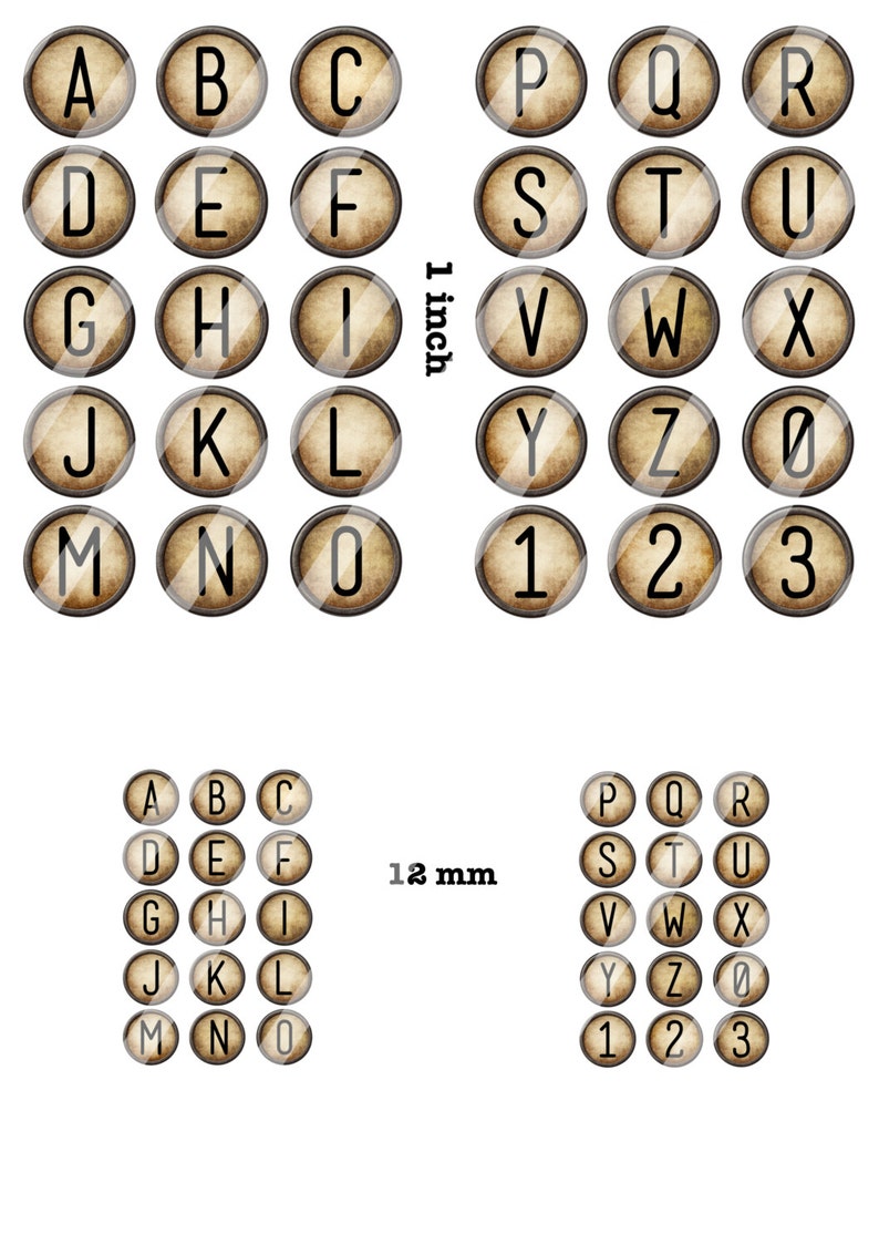 May include: A set of 26 alphabet letter and number round stickers with a vintage typewriter key design. The stickers are 2.5 cm in diameter and have a brown background with black lettering.