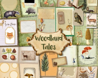 May include: A digital collage sheet with a woodland theme. The sheet features images of animals, plants, and mushrooms. The text "Woodland Tales" is featured in the center of the sheet.