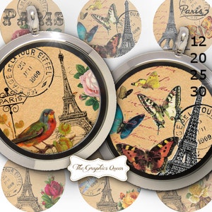 12 mm, 20 mm, 30 mm, 1 pouce Paris au printemps - Images de capsule de capsule Paris décor impression fête, Tour Eiffel cartes de journalisation Français minables