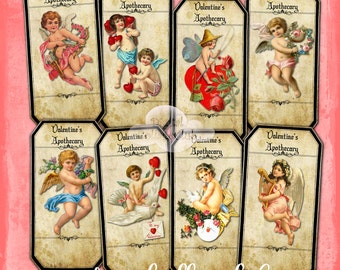 Vintage Valentine Cherubs Apothecary Labels Digital Collage Sheet Tags Journaling Scrapbooking Decoupage Card Making ATC Happy Snail Mail