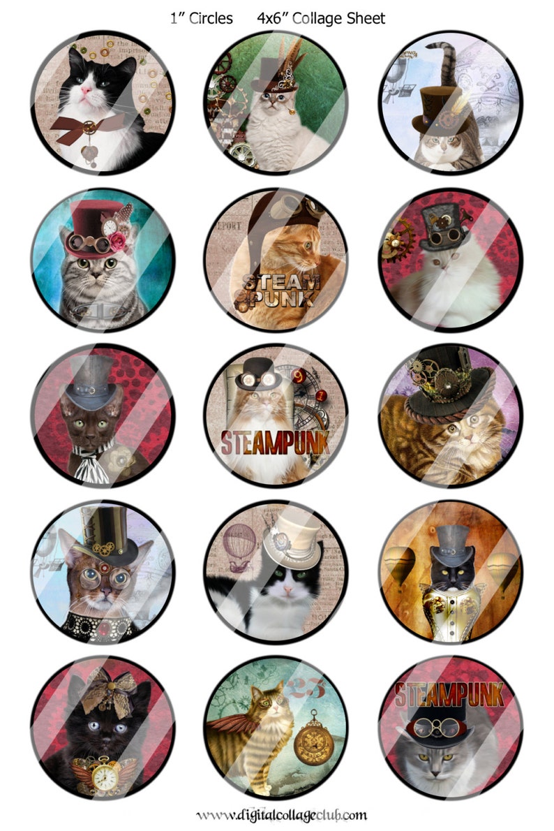 Steampunk Katze 1 Zoll, 1,5 Zoll und 2 Zoll Digital Collage Sheet Flaschenverschluss Bilder Runde Kreise für die Schmuckherstellung, Cupcake Toppers Penpal Bild 2
