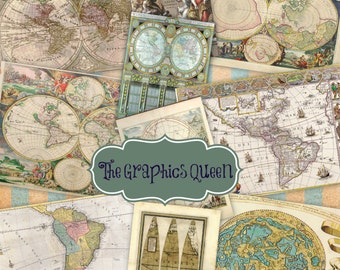 INSTANT DOWNLOAD- Digital Vintage Paper Pack Antique Map Old MAp 10 Digital Sheets Printable Old Maps Digital Background Journalling Penpal