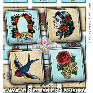 Retro Vintage Tattoo 1 Inch Digital Collage Sheet Square Scrabble Tile Images for Pendants, Jewelry Making, Scrapbooking