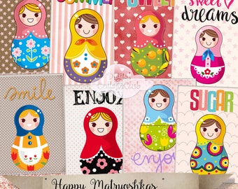 Happy Matryoshka Matrioshka Russian Dolls Digital ATC Cards Jewellery Holders Images Scrapbook Scrapbooking Decoupage Paper Card Making