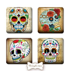 May include: Four square images featuring Day of the Dead sugar skull designs. Each skull is decorated with intricate floral patterns and bright colours, including red, yellow, blue, green, and white.