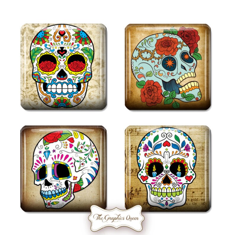 May include: Four square images featuring Day of the Dead sugar skull designs. Each skull is decorated with intricate floral patterns and bright colours, including red, yellow, blue, green, and white.