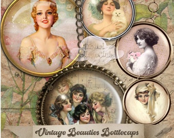 Vintage Beauties 1 inch Digital Collage Sheet Digital Download Images for Bottle Caps, Buttons Stickers decoupage CArdmaking Journaling ATC