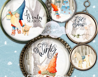 Gnomo de invierno de 2,5 pulgadas, círculo redondo, imágenes digitales para scrapbooking, tarjetas, decoración de cupcakes, etiquetas navideñas, etiquetas, tarjetas, espejo de bolsillo