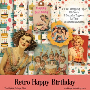 Retro Women Ladies Vintage Happy Birthday Digital Scrapbooking Wrapping Paper Tags Cards Gift Cupcake Toppers Printable Cardmaking Scraps