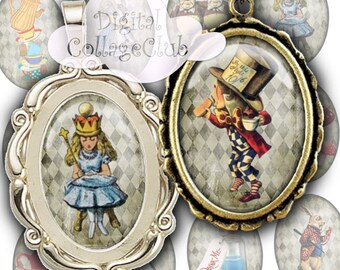 Alice im Wunderland – Digitale, druckbare Alice-Partydekorationen, ovale Cabochon-Bilder für Schmuckherstellung, Sofort-Download, Papierbastelvorlagen (ATC)