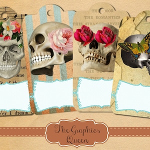 Dia de los Muertos Tags Halloween Skull Digital Collage Sheets ACEO, Embellishment printable download cards gothic style Journaling Penpal