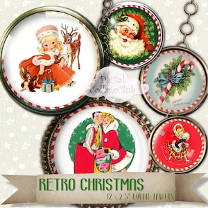 Images rondes de Noël rétro vintage pour la fabrication de bijoux, cercle de 2,5 pouces pour la fabrication de cartes, journal de correspondance, fournitures pour décoration de petits gâteaux, miroir de poche