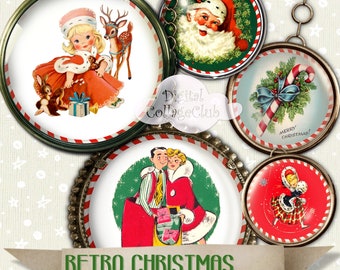 Imágenes redondas navideñas vintage retro para la fabricación de joyas, círculos de 2.5 pulgadas, suministros para tarjetas, diarios de amigos por correspondencia, adornos para cupcakes y espejos de bolsillo.