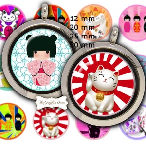 12 mm, 20mm, 30 mm, 1 inch KOKESHI Doll Party 1 inch round circles, Digital Bottle Cap Images, Lucky Cat Japanese Dolls