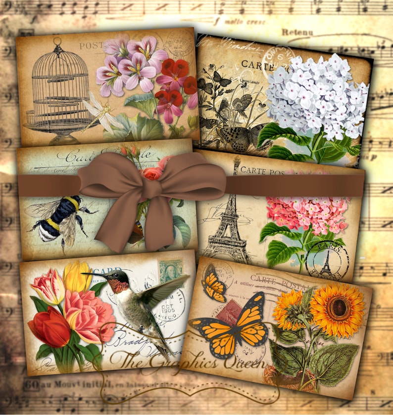 Shabby Chic Botanical Cards 2,5x3,5 Digital Collage Sheet Printable Download Eiffel Tower Vintage Flowers Shabby Chic Postcards Aceo Journal