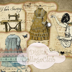 I love Sewing Digital Collage Sheet for Lace Ribbon Holder Digital Tags Digital Background Vintage Scrapbooking Instand Download Scraps ATC