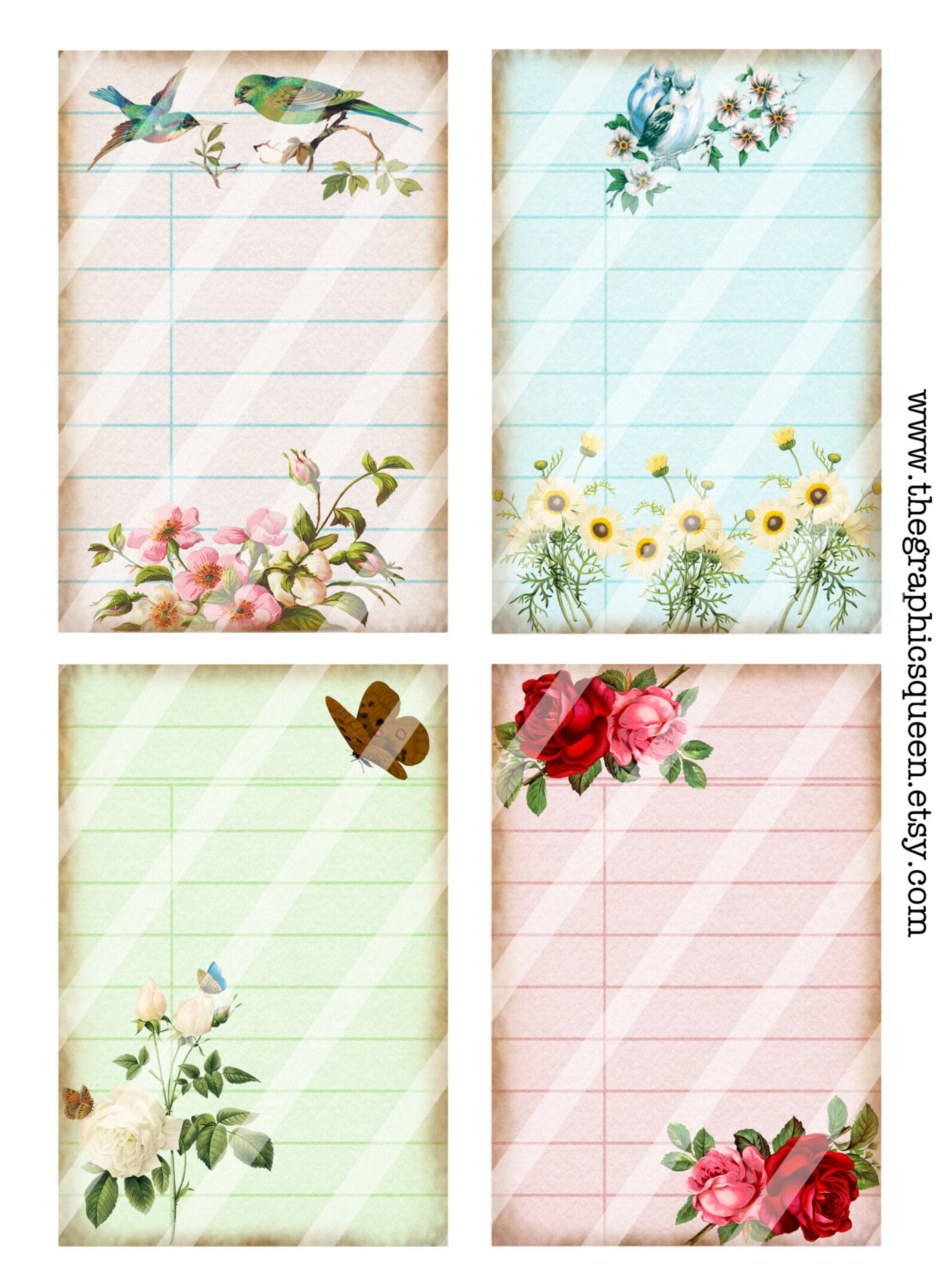Vintage Flowers Digital Library Cards Digital Cards 8 X Digital ...