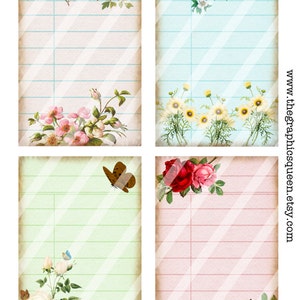 May include: Four printable digital papers with a vintage aesthetic. Each paper features a different floral design with birds and butterflies. The papers have a lined background with diagonal stripes.