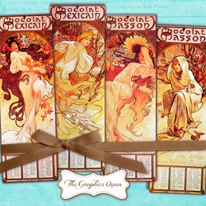 Peut inclure: Quatre calendriers vintage de style Art nouveau représentant des femmes en robes fluides et des motifs floraux. Les calendriers sont intitulés "Chocolat Mexicain" et "Chocolat Passon".