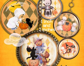 Lindas imágenes circulares de 1 y 2 pulgadas para collage digital infantil de Halloween, ideales para la fabricación de joyas, tapas de botellas y adornos para cupcakes.
