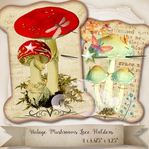 Mushrooms Digital Lace Ribbon Holders Images for Embellishments Tags Scrapbook Scrapbooking Tags Label Cardmaking Decoupage Paper Crafts