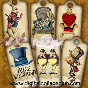 Alice in Wonderland Small Digital Tags Labels Decorations Gift Tags, Hang Tags, Alice Party Alice Wedding Digital Art ATC Journaling Penpal