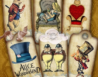 Alice in Wonderland Small Digital Tags Labels Decorations Gift Tags, Hang Tags, Alice Party Alice Wedding Digital Art ATC Journaling Penpal