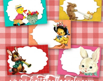 Retro Easter Bunny Digital Cards Postcards LAbels Images for Scrapbooking Cardmaking Jewellery Making Decoupage Journaling