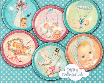 Baby Shower Decorations Card Cupcake Topper Baby Clip Art 2.5 Inches Digital Collage Sheet Round Circles Scrapbooking Supplies Journaling