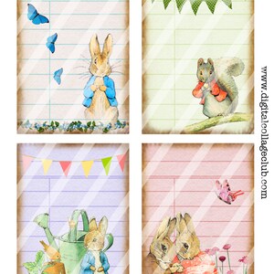 Peter Rabbit and Friends Digital Collage Sheet Library Cards, Digital Download ATC Digital Cards Digital Journaling Background Journaling image 2