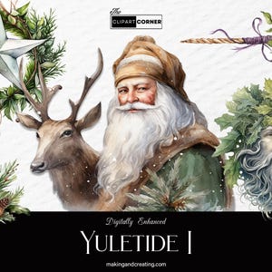 Può includere: Un set di illustrazioni digitali in stile acquerello. Il set include Babbo Natale, un cervo, un uomo verde, una stella, una candela e un ramo di agrifoglio.