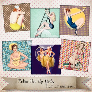 Retro Pin Up Girls Ladies Digital Collage Sheet 2.5 Inches Square Images Greeting Cards Cardmaking Scrapbooking Decoupage Paper Crafts