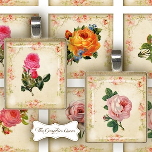 May include: Six square glass pendants with silver frames, each featuring a vintage illustration of a pink rose with green leaves on a cream background with a pink floral border.
