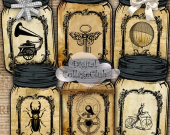 Steampunk Mason Jar Digital Labels Tags Cards Scrapbooking Decoupage ATC Aceo Digital Collage Sheet Instant Download Printable Journaling