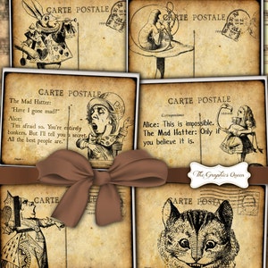 Steampunk vintage Alice nel Paese delle Meraviglie Biglietti d'auguri digitali Cartoline Invito con stampa per feste Fogli di collage digitali Scrapbooking Journaling