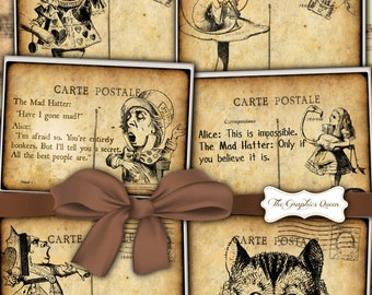 Vintage Steampunk Alice in Wonderland Digital Greeting Cards Postcards Party Print Invitation Digital Collage Sheets Scrapbooking Journaling